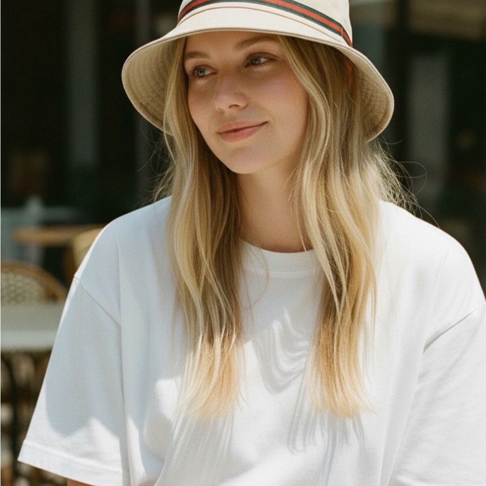 Beige Bucket Hat with Red & Green Stripe